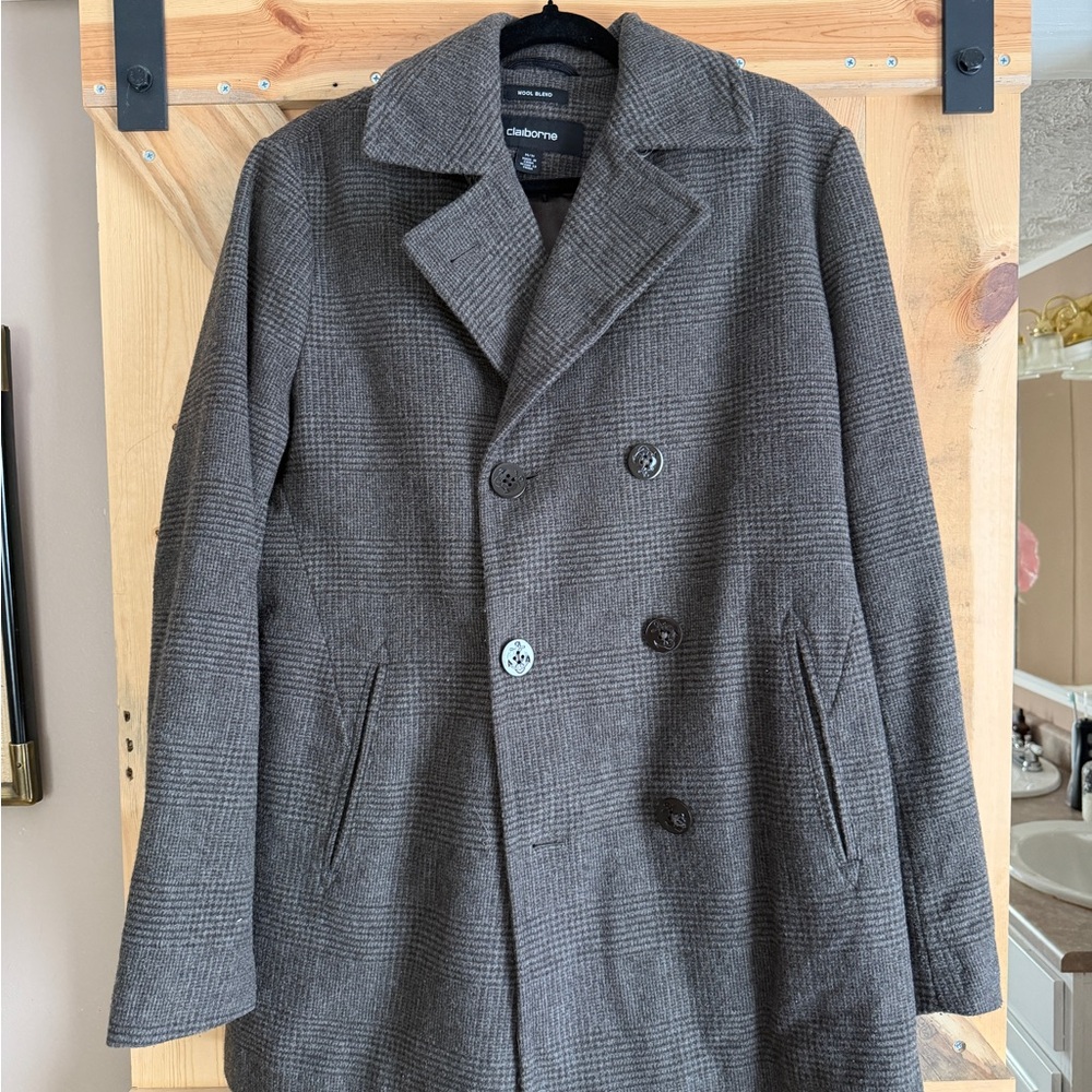 Claiborne Men's Wool Charcoal Plaid Pea Coat